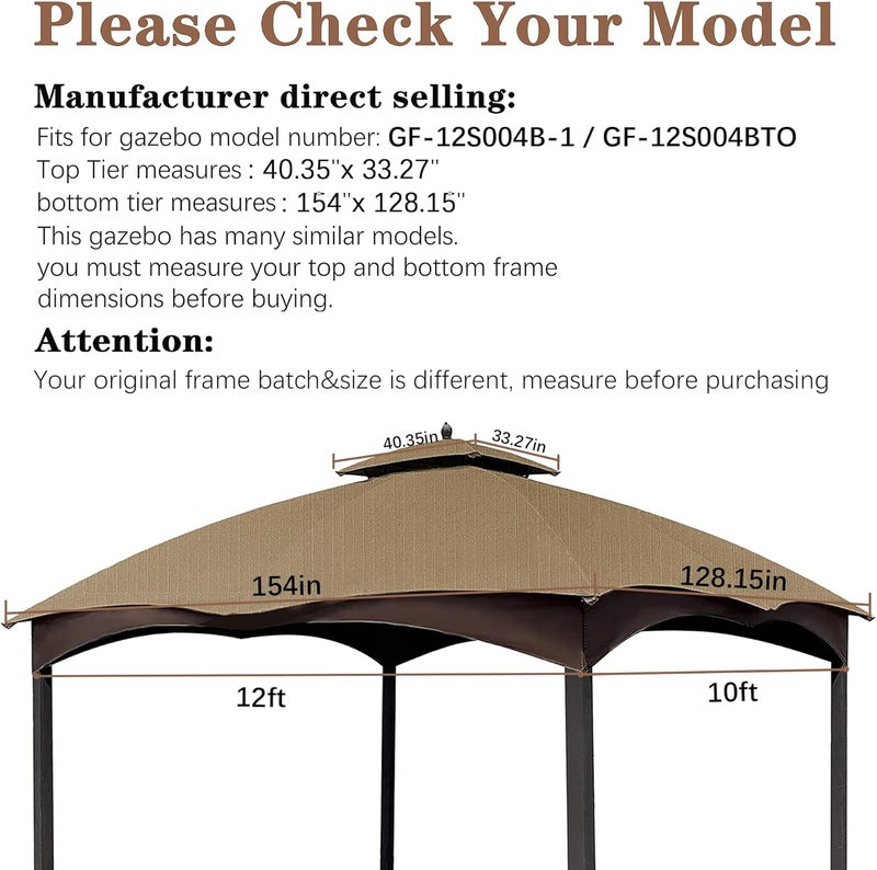 SCOCANOPY Khaki Ripstop Replacement Top for Lowe's Allen Roth 10X12 Gazebo Model #GF-12S004B-1/ GF-12S004BTO - Image 2